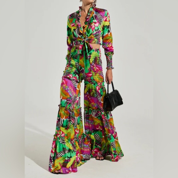 NWT AKIRA Green and Pink Wide Leg pants only - Picture 5 of 9